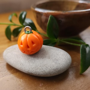May include: A small, orange pumpkin charm with carved features and a silver loop. It rests on a smooth, grey stone. The background includes a brown bowl and green leaves. A Halloween-themed pendant.
