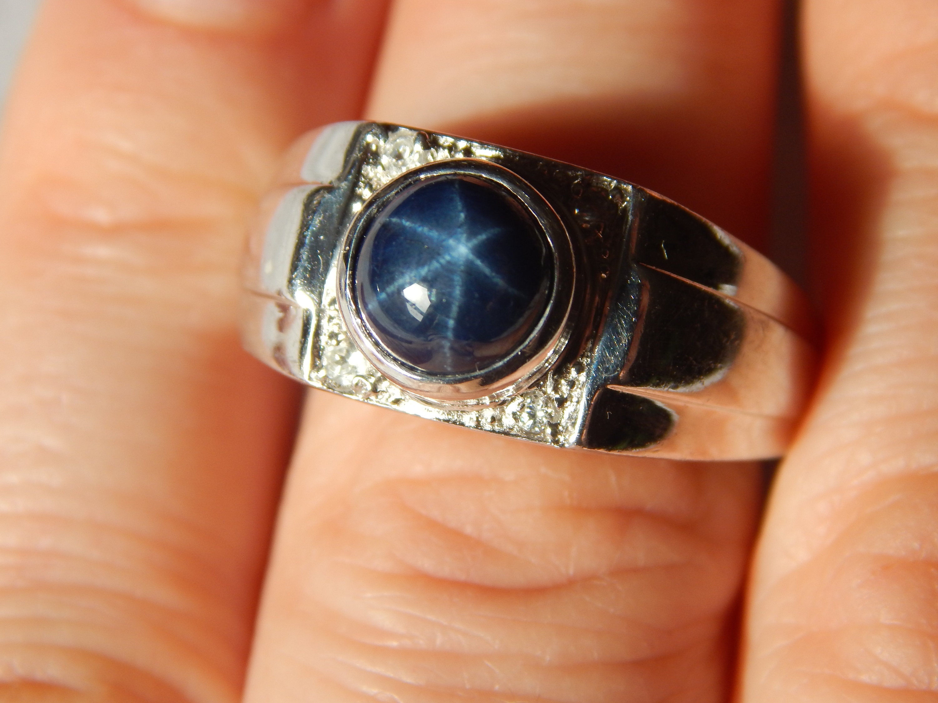 Bague Ancienne En Argent Massif Avec Saphir Cabochon - Style Art Deco, Véritable Pierre, Occasion