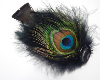 Handmade Natural Feather Hair Clip Barrette: Black & Peacock