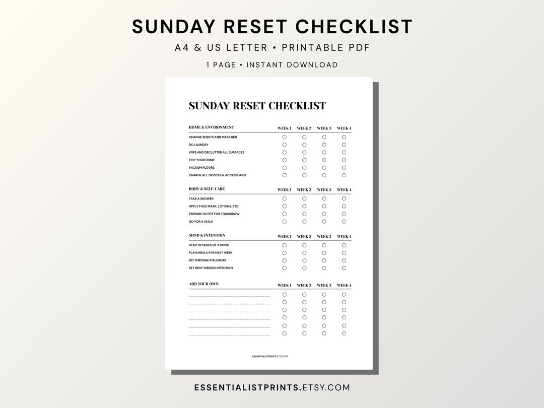Sunday Reset Checklist.pdf Sunday Reset Checklist | Minimalist Weekly Planner (PDF Download) - Etsy