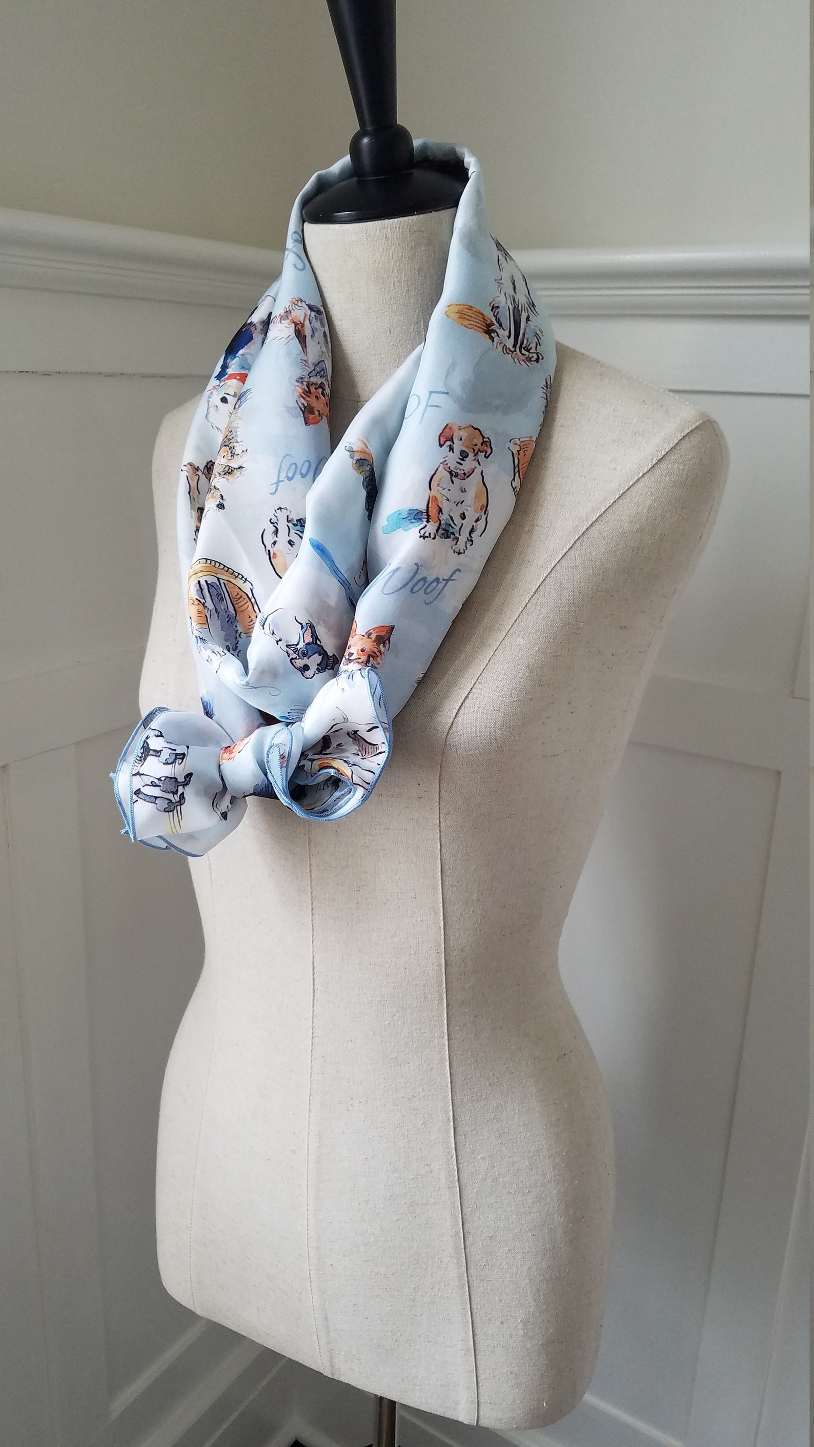Scarf With Dogs, Scarf for Dog Lovers, Silk Scarf With Puppies, Scarf