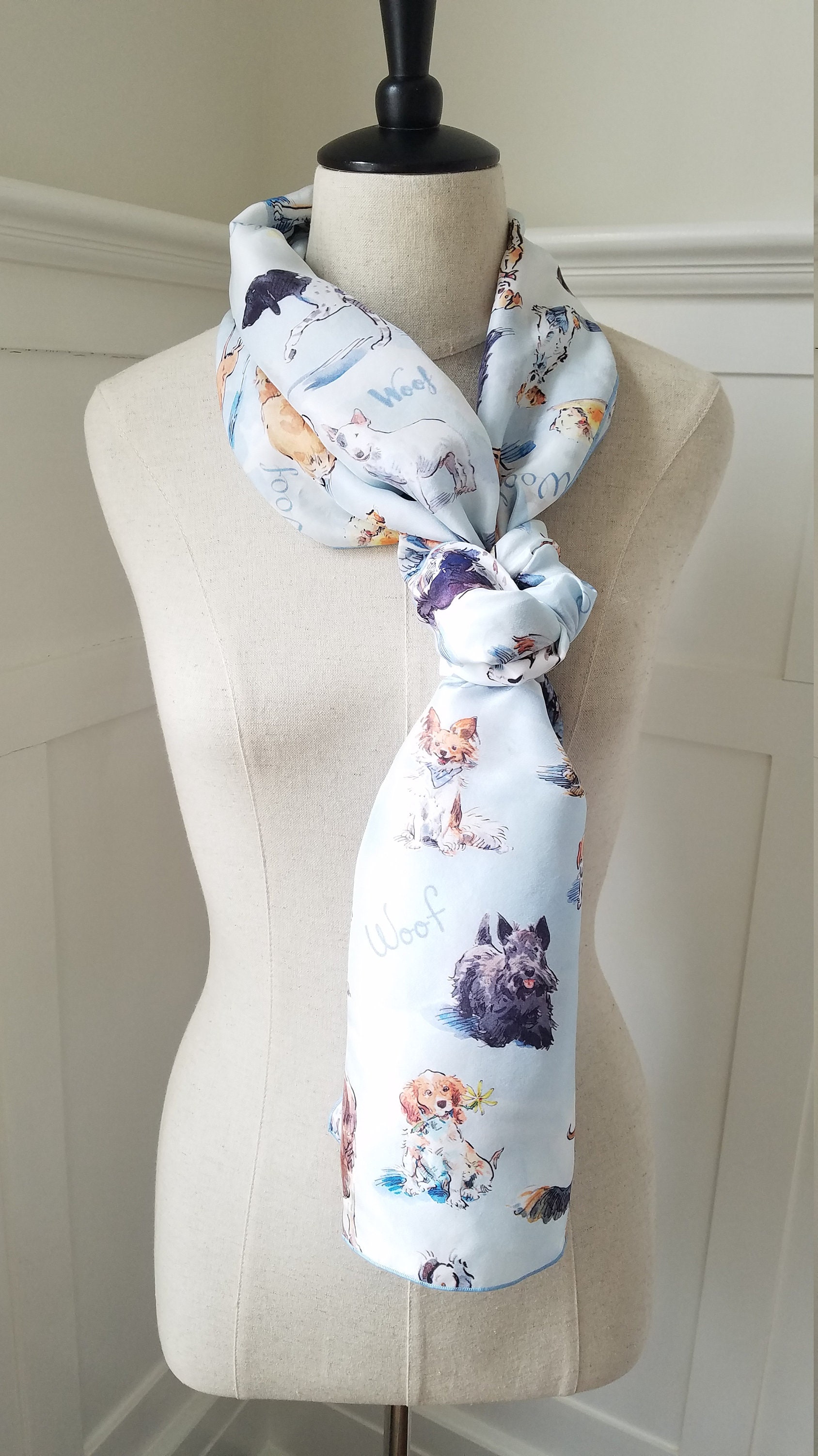 Scarf With Dogs, Scarf for Dog Lovers, Silk Scarf With Puppies, Scarf
