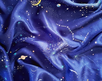 Silk scarf with moon and stars, Constellation scarf, Universe scarf, cosmos scarf, galaxy scarf, nighttime scarf, blue constellation scarf,