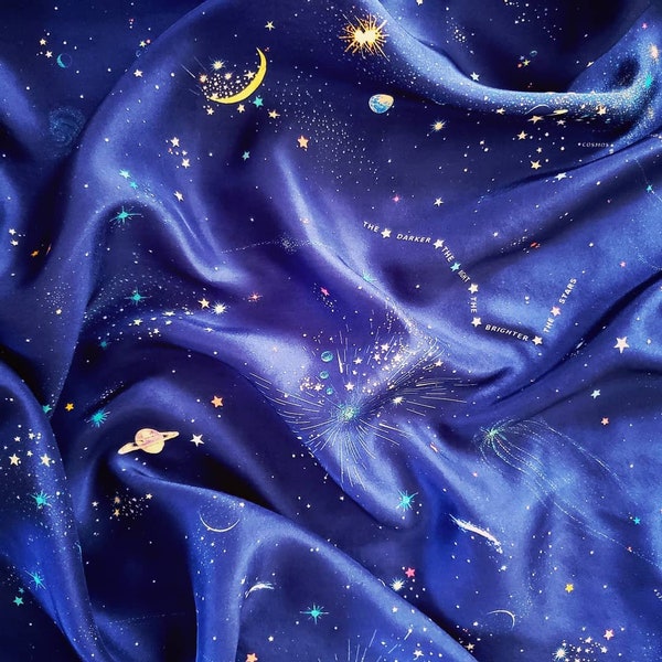 Silk scarf with moon and stars, Constellation scarf, Universe scarf, cosmos scarf, galaxy scarf, nighttime scarf, blue constellation scarf,