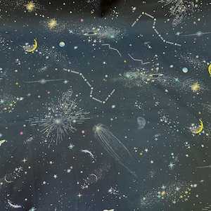 Cotton fabric with moon and stars, Constellation print, universe textile, retro space, blue constellation, outer space design