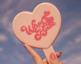 Pink Heart Shaped Hand Mirror What A Babe Vanity Handheld Hot Girl Makeup Travel Beauty Aesthetic Cosmetic Bridesmaid Bravelight Studio