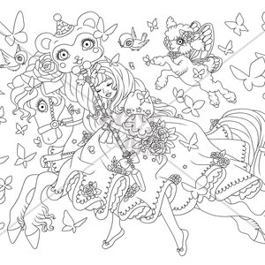 Coloring Page 8.5x11 Digital Download Printable Adult Children Craft Activity Bravelight Studio Carousel Fantasy Surrealism Lowbrow Art