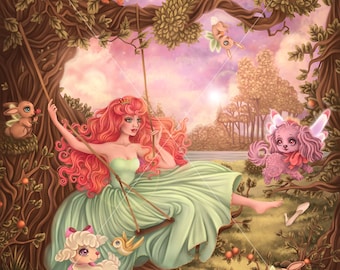 PHYSICAL PRINT SIGNED 9x12 Whimsical Pop Surrealism Lowbrow Fantasy Whimsical Fairy Tale Princess Julie Edwards Bravelight Studio The Swing