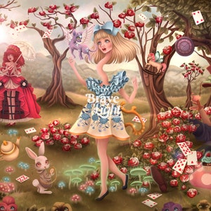 PHYSICAL PRINT SIGNED 9x12 Pop Surrealism Alice in Wonderland Art Print Mad Hatter Cheshire Cat White Rabbit Kawaii Cake Bravelight Studio