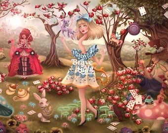 PHYSICAL PRINT SIGNED 9x12 Pop Surrealism Alice in Wonderland Art Print Mad Hatter Cheshire Cat White Rabbit Kawaii Cake Bravelight Studio
