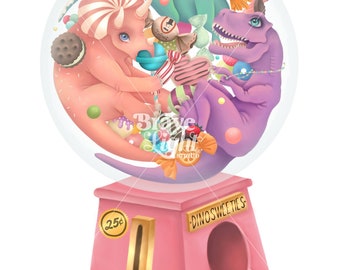 PHYSICAL PRINT SIGNED 9x12 Pop Surrealism Lowbrow Pastel Dinosaurs Trex Gumball Machine Candy Julie Edwards Bravelight Studio Dinosweeties