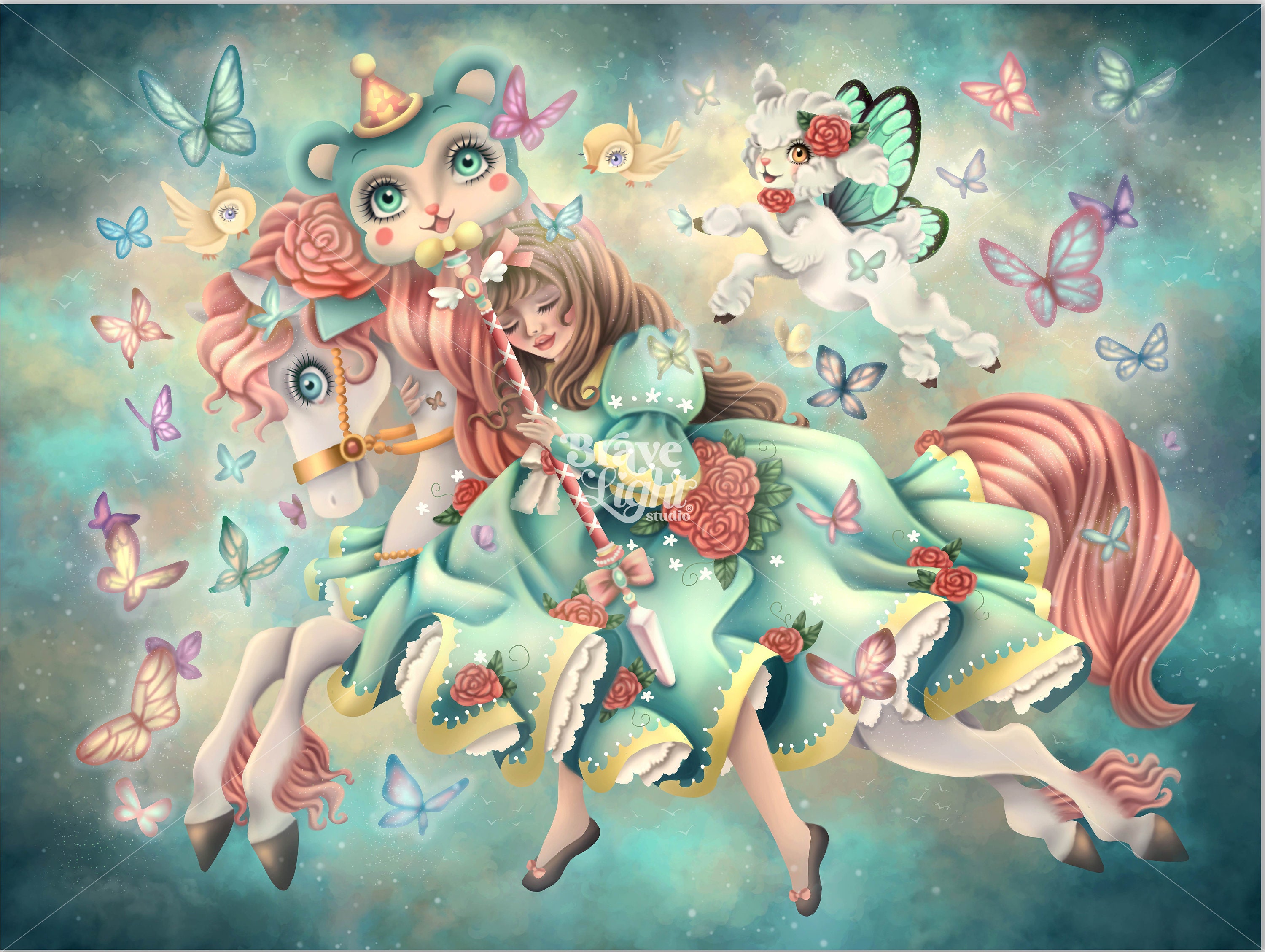 PHYSICAL PRINT SIGNED 9x12 Pop Surrealism Lowbrow Carousel Butterflies Princess Kawaii Bravelight Studio Journey of the Believer