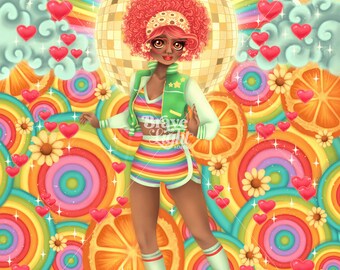 PHYSICAL SIGNED PRINT Pop Surrealism Lowbrow Funky Disco 70&#39;s Rainbow Roller Skates Julie Edwards Bravelight Studio Rollin&#39; On A Groove 9x12