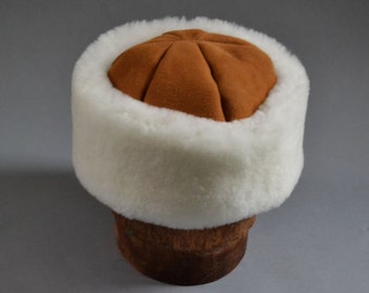 The Classic - Tan with White Mouton Brim - Shearling Hat Sheepskin Fur