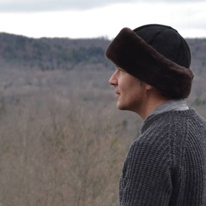 The Classic -  Sheepskin Hat - Black Shearling with Brown Mouton Brim -  Fur Leather Wool