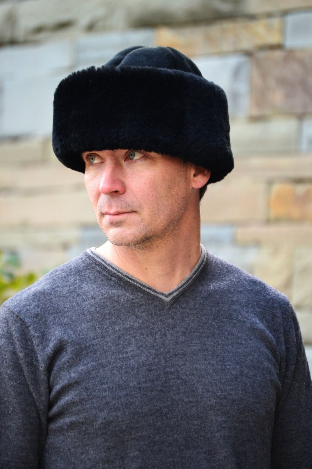 BLACK REAL SHEARLING SHERPA LAMBSKIN HAT WITH BRIM The Kelowna Shearling Sheepskin Hat in Black: FurHatWorld.com main image 2