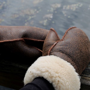 Sheepskin Mittens - Aviator - Men's Women's Shearling Fur Brown Ivory Bomber