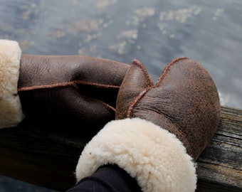 Sheepskin Mittens - Aviator - Men's Women's Shearling Fur Brown Ivory Bomber