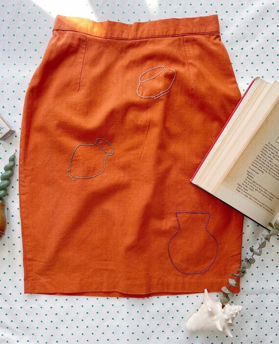 Orange Hand Embroidered Pencil Skirt • Reworked V… - image 1
