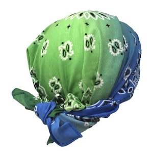 May include: A green and blue paisley bandana tied in a knot. The bandana features a gradient of colors, transitioning from green to blue. White paisley patterns are scattered across the fabric.