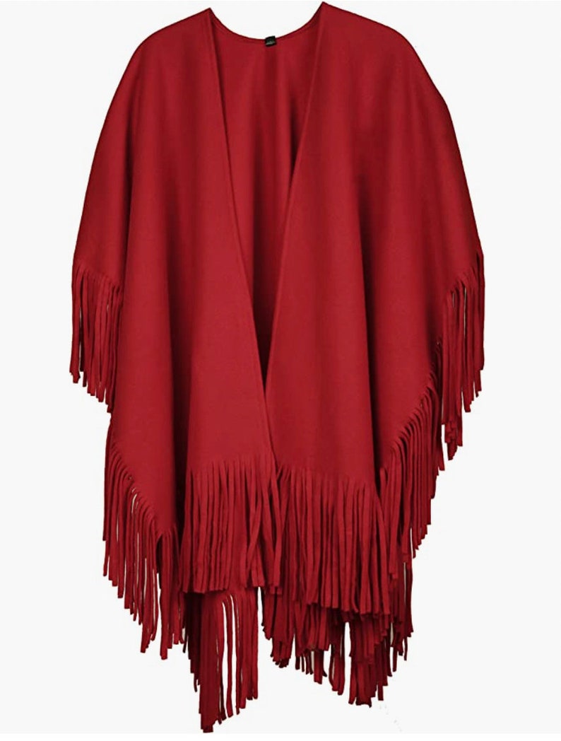 Fleece Cape Fringed Wrap Solid Colors Red Camel Navy Etsy