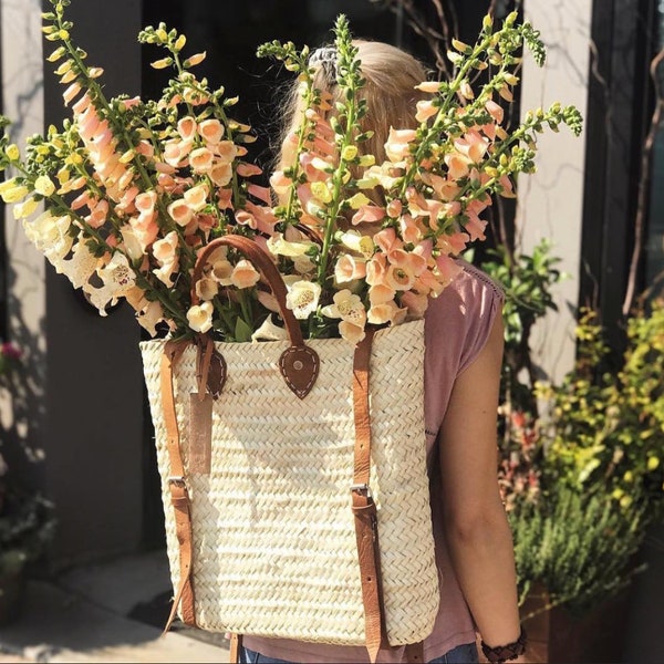 Natural Classic French Market Baskets, Straw Bag, Handmade, Farmer's Market Bags, Backpack, Round Bag, Beach Bag, Leather Handle