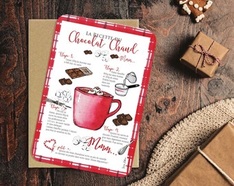 Carte recette  "Chocolat Chaud",  Recette de Noël / Joyeux Noël / papeterie / carterie / décoration / aquarelle