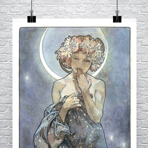 The Moon 1900 Alphonse Mucha Jugendstil Poster Fine Art Giclée Druck auf Premium Leinwand oder Papier