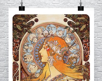 May include: A vintage art nouveau style illustration of a woman with long flowing hair, wearing a crown and a necklace. The woman is surrounded by a circle of zodiac signs.