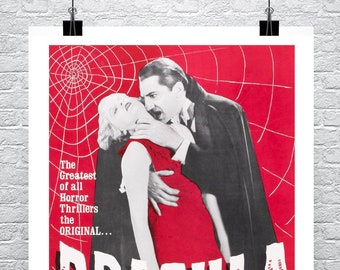 May include: A vintage movie poster for the classic horror film "Dracula" featuring Bela Lugosi and Helen Chandler. The poster has a red background with a spiderweb design and the title "Dracula" in large, dripping red letters.