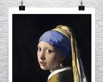 May include: A painting of a young woman wearing a blue and yellow headscarf with a pearl earring. The woman is looking to the left of the viewer and has a soft expression on her face. The background is dark.