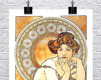 May include: A vintage art nouveau poster featuring a woman with red hair wearing a flowing orange dress. The woman is sitting with her chin resting on her hand. The background features a circular design with a mosaic pattern in shades of gold and white.