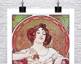 May include: A vintage art nouveau poster featuring a woman in a white dress with a red shawl, holding a red jewel. She is surrounded by large pink flowers with green leaves. The poster is signed "Mucha" in the bottom right corner.