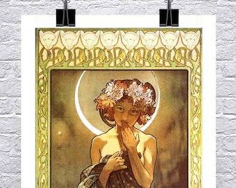 The Moon Stardress Vintage Alphonse Mucha Art Nouveau Poster Fine Art Giclee Print on Premium Canvas or Paper