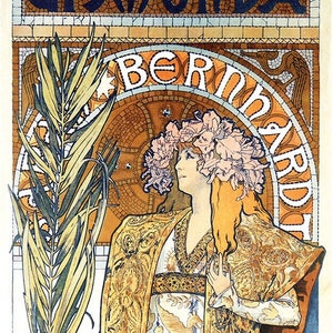 May include: A vintage poster advertising a play called "La  Dismonda" starring Bernhardt at the Theatre de la Renaissance. The poster features a woman in a gold and white gown holding a palm frond. The text "Theatre de la Renaissance" is at the bottom of the poster.