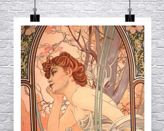 Evening Vintage Alphonse Mucha Art Nouveau Poster Fine Art Giclee Print on Canvas or Paper