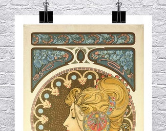 May include: A vintage art nouveau poster featuring a woman with long blonde hair, wearing a white dress and holding a feather. The poster has a decorative border with floral motifs and a circular design in the background. The artist's signature, "Mucha", is visible in the bottom left corner.