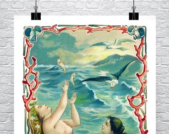 絵画　人魚 海辺の裸の人魚たちアンティークイラスト ファインアート