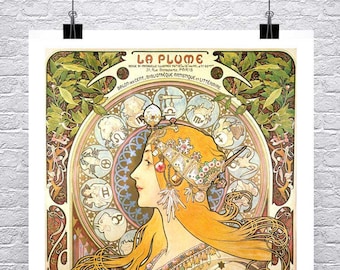 May include: A vintage poster for "La Plume", a French literary and artistic magazine, featuring a woman with flowing golden hair and a crown of stars and zodiac symbols. The poster is adorned with intricate Art Nouveau designs and the text "Salon cent. Bibliothèque artistique et littéraire".