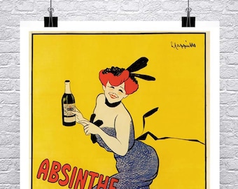 May include: A vintage poster advertising absinthe with a woman in a blue dress holding a bottle of absinthe. The poster is yellow with red and black text that reads "Absinthe Gempp Pernod Lunel".