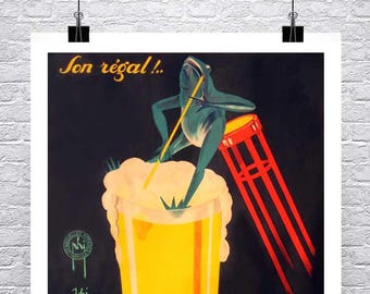 Beer Frog Vintage French Alcohol Advertising Poster Fine Art Giclee Print on Canvas or Paper