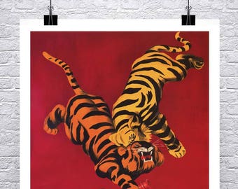May include: Vintage poster advertising Porto Pitters wine. Two tigers are fighting over a bottle of wine. The poster is red with black and yellow tigers. The text on the poster reads "Porto Pitters" and "William Pitters".