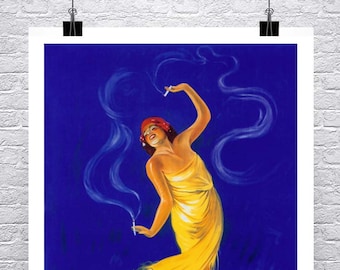 May include: A vintage poster advertising Araks cigarettes. A woman in a yellow dress and red headscarf dances with a cigarette in her hand. The background is a vibrant blue with swirling smoke.