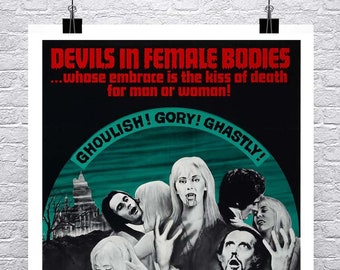 May include: A vintage movie poster for the horror film "Lust for a Vampire." The poster features a black and white image of a group of people, including a vampire with fangs, surrounded by a green circle with the words "GHOULISH! GORY! GHASTLY!" The title of the film is in red dripping letters.