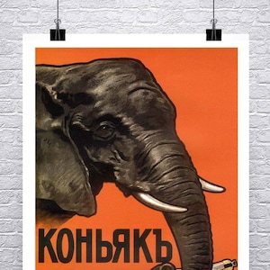Cognac Elefant Vintage russischer Likör Werbeposter Fine Art Giclée-Druck auf Premium-Leinwand oder Papier