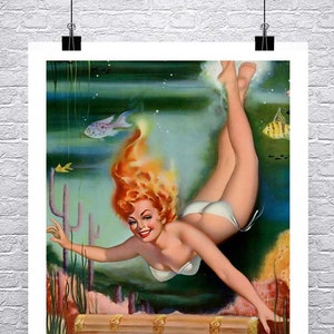 Mermaid Underwater Diving For Treasure Chest Fine Art Giclee Print on Canvas or Paper