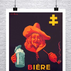 Biere Croix De Lorraine hombre con cerveza y pipa Vintage publicidad cartel de bellas artes Giclee impresión en lienzo o papel