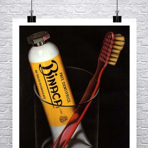 Zahnpasta & Pinsel 1941 Vintage Schweizer Dental Werbung Poster hochwertige Giclée-Druck auf Leinwand oder Papier