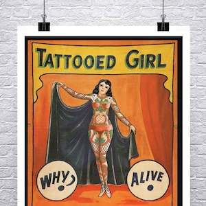 Póster vintage de Freak Show de una chica tatuada, impresión giclée de bellas artes en lienzo o papel de primera calidad.