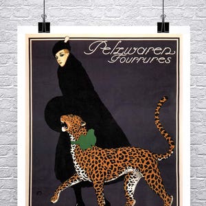 Frau zu Fuß Leopard Vintage Art Deco Werbeplakat Fine Art Giclée-Druck auf Premium-Leinwand oder Papier